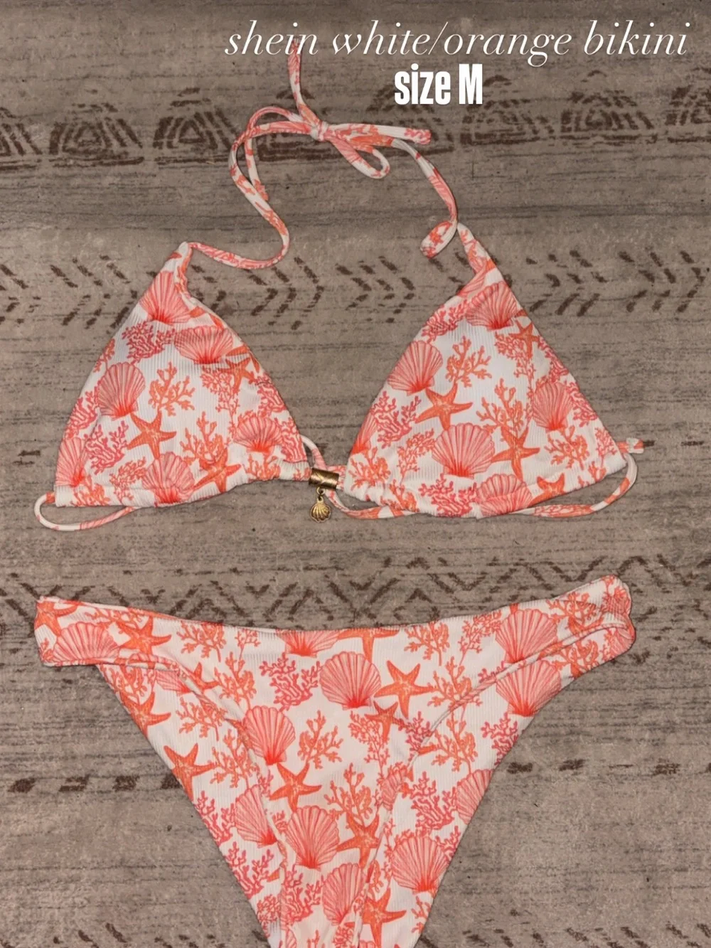 SHEIN White and Orange Seashell Print Triangle Bikini